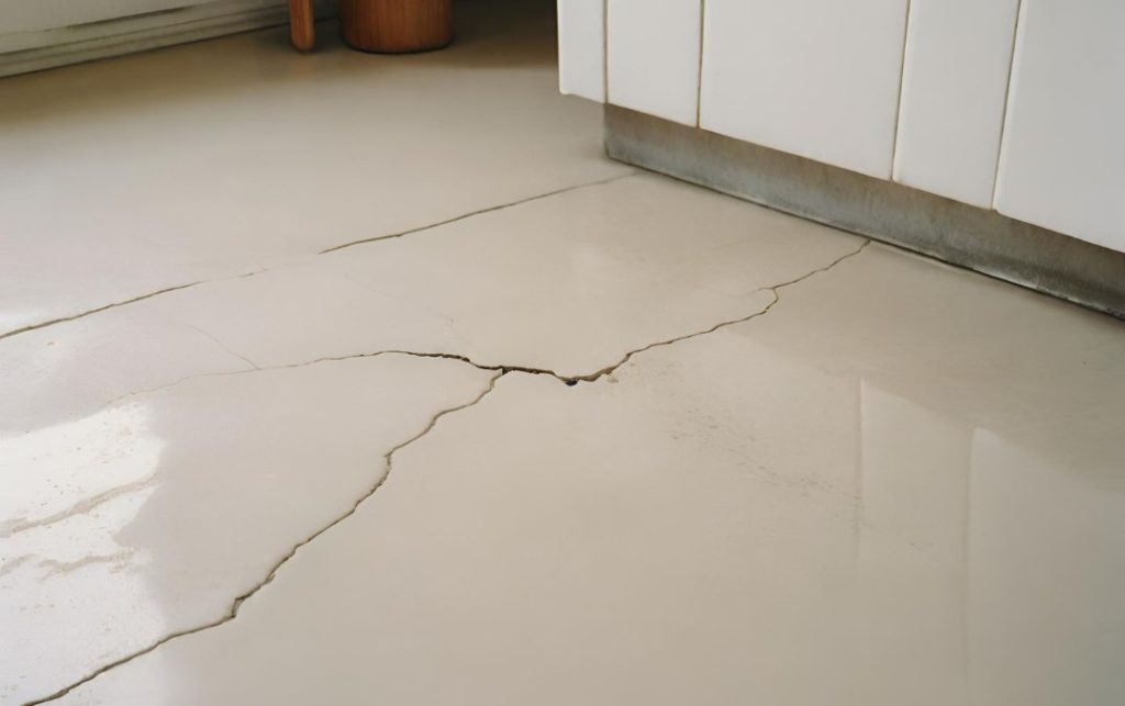 Détail de fissuration du béton ciré sur une zone de passage intense à Douala